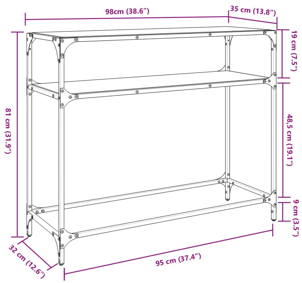 Mesa consola com tampo em vidro transparente 98x35x81 cm aço