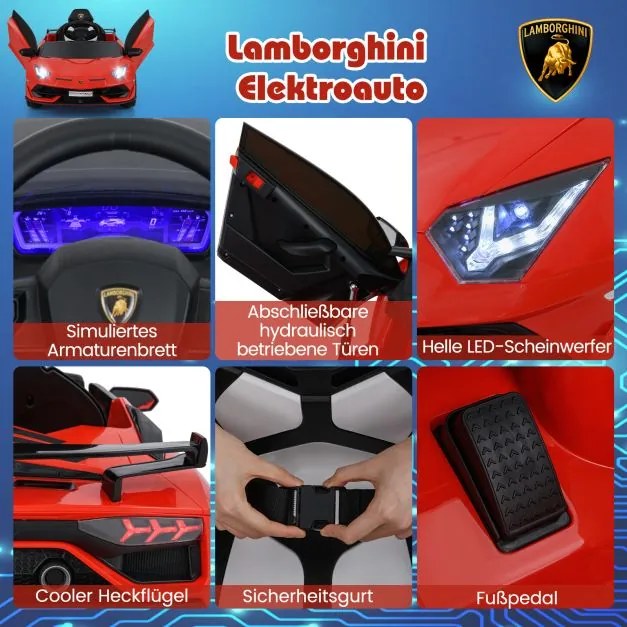 Carro elétrico Lamborghini 12V para crianças com controlo remoto 2,4G e faróis LED 3 a 5km/h Vermelho