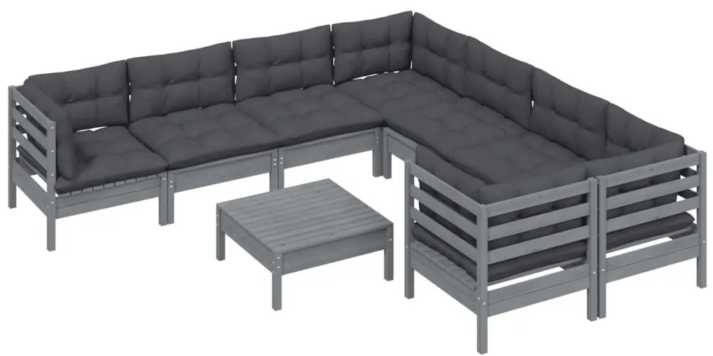 9 pcs conjunto lounge de jardim c/ almofadões pinho cinza