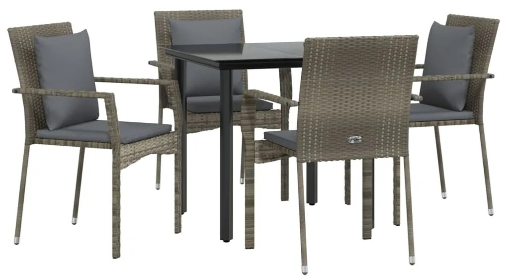 5 pcs conjunto jantar jardim c/ almofadões vime PE preto/cinza
