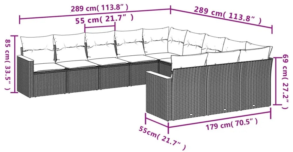 11 pcs conjunto sofás de jardim c/ almofadões vime PE preto