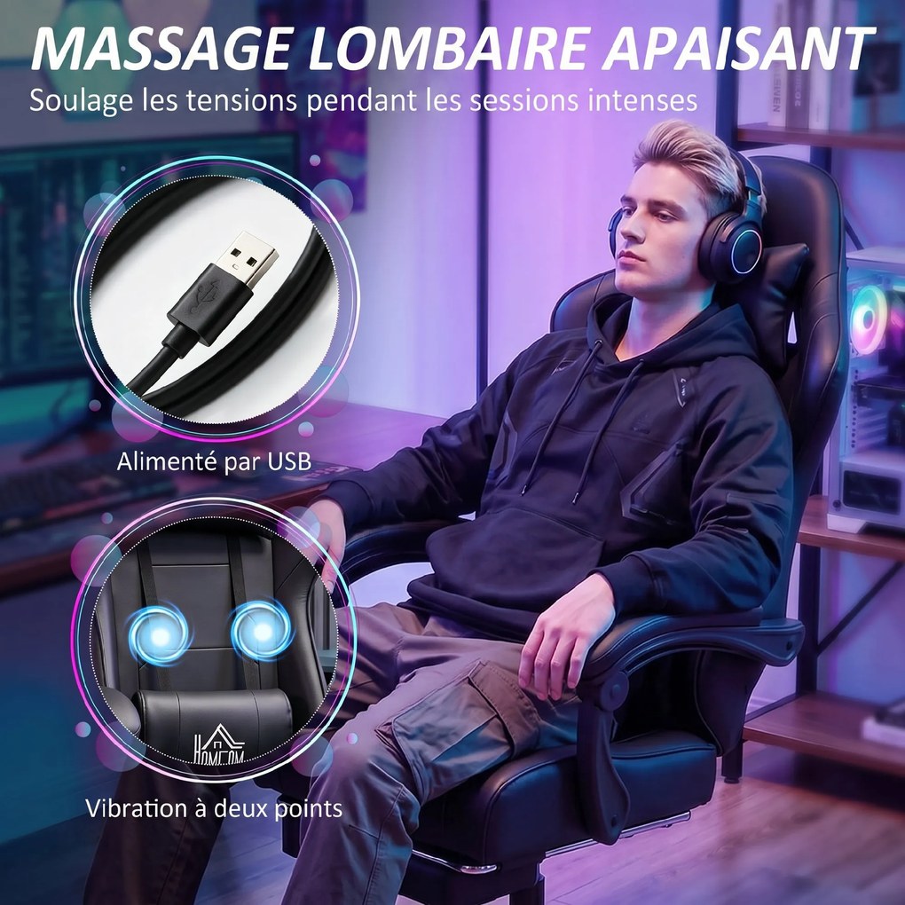 Cadeira de gaming ergonómica, cadeira para gamers com apoio lombar com função de massagem, encosto reclinável, altura ajustável, preta