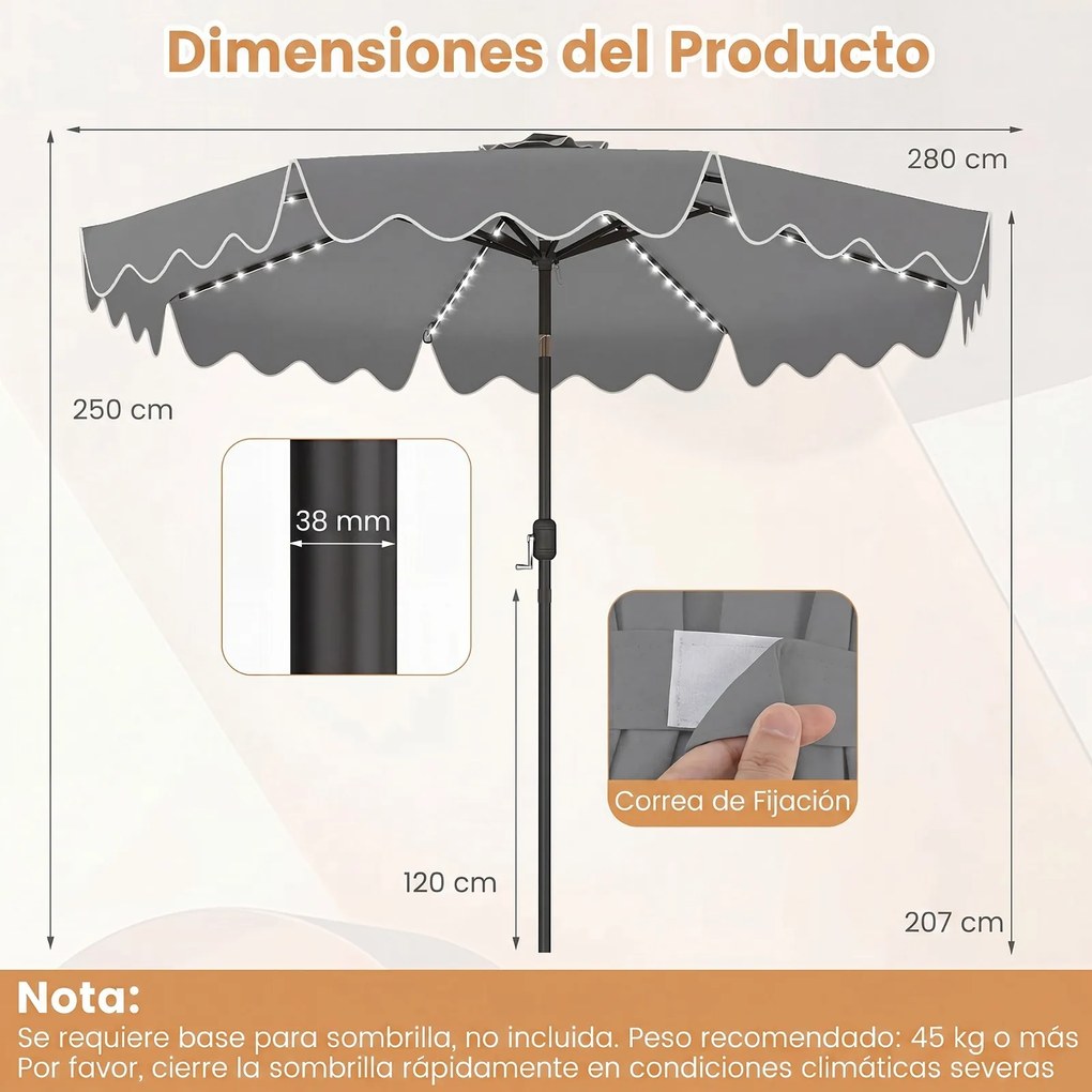 Guarda-sol de Jardim, 280 x 280 x 250 cm, (BASE NÃO INCLUIDA) Iluminação LED Integrada, Cinzento