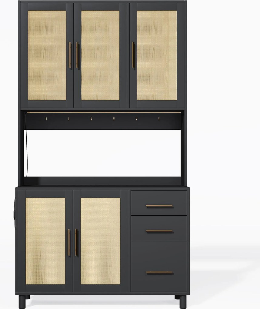 Móvel de cozinha com acabamento em rattan trançado e puxadores metálicos dourados, luzes LED decorativas, 100x40x183 cm, Preto| AOSOM Portugal