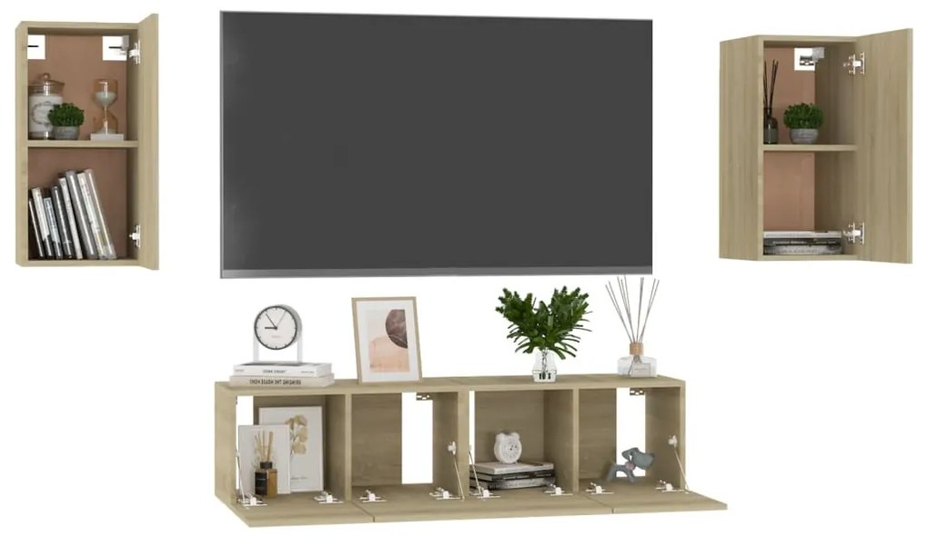 4pcs conjunto de móveis TV derivados de madeira carvalho sonoma