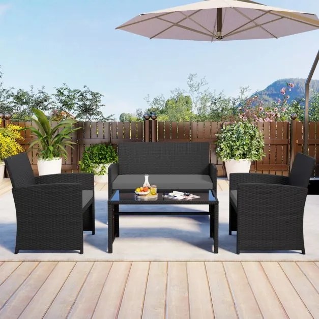 Conjunto de jardim em rattan com 4 peças: sofás de 2 lugares, mesa de vidro temperado e almofadas para exterior, varanda ou piscina, Preto+cinzento