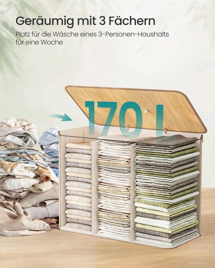 Cesto para roupa suja em bambu com 3 compartimentos 70 x 40 x 61 cm cor natural