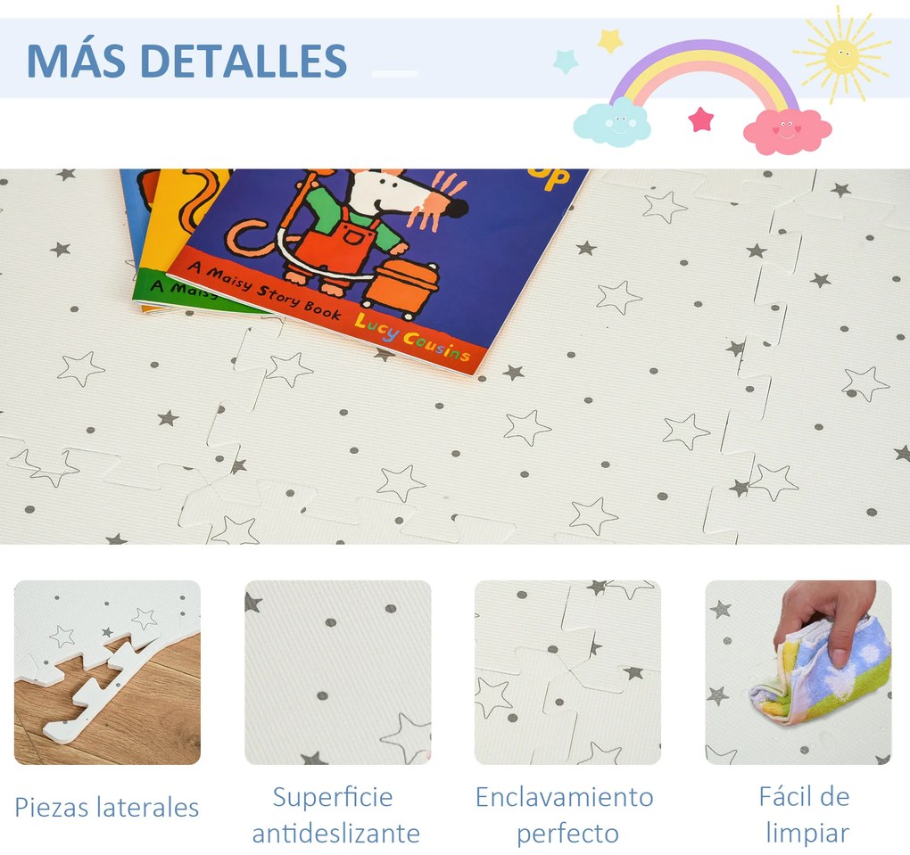 HOMCOM Tapete Puzzle para Bebés 36 Peças 31,5x31,5cm Quebra Cabeça Infantil Modelo Estrelas de Espuma EVA Área de Cobertura 3,24m² Branco