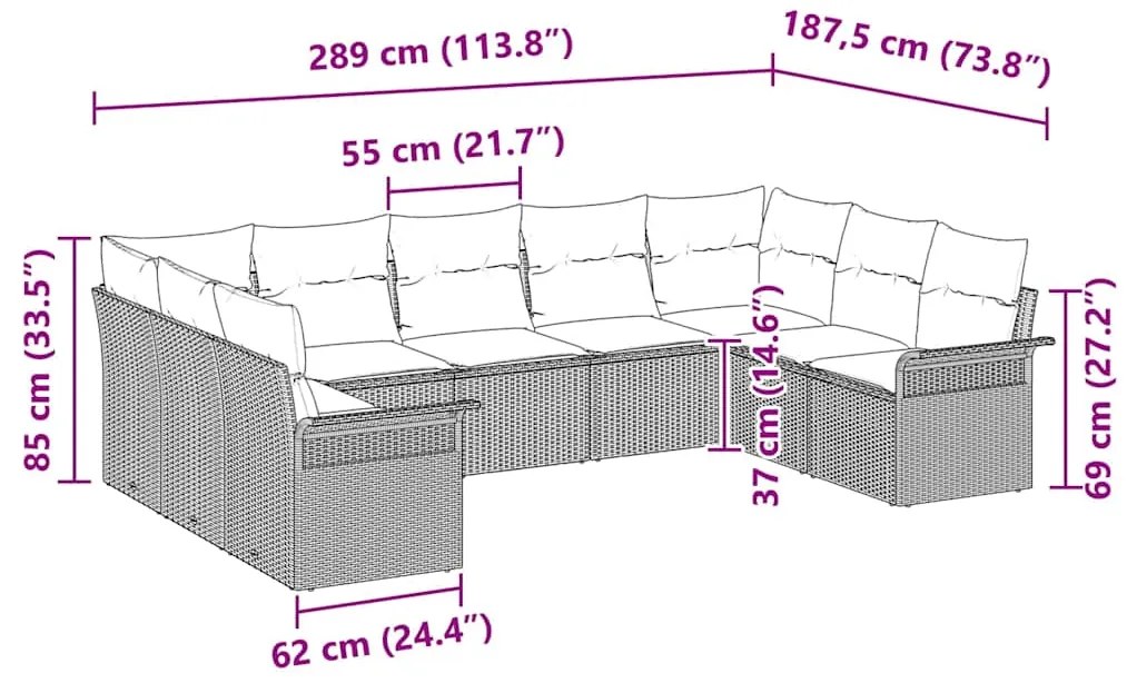 Conjunto de Sofá de Jardim com 9 Peças e Almofadas Cinzas em Rattan Si