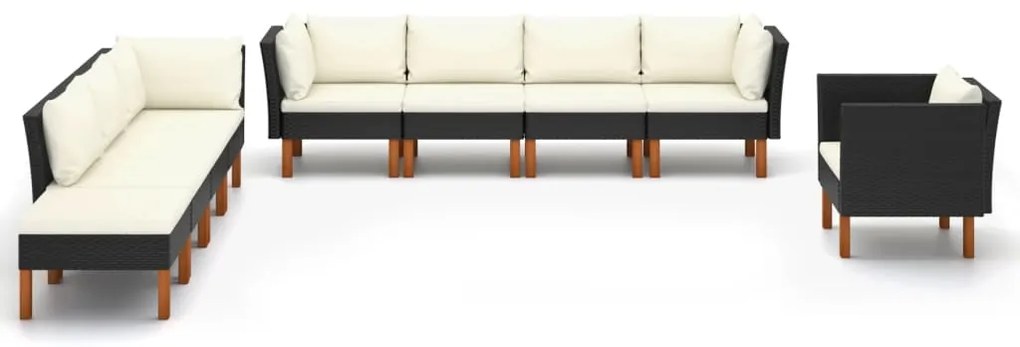 9 pcs conj. lounge jardim vime PE e madeira de eucalipto preto