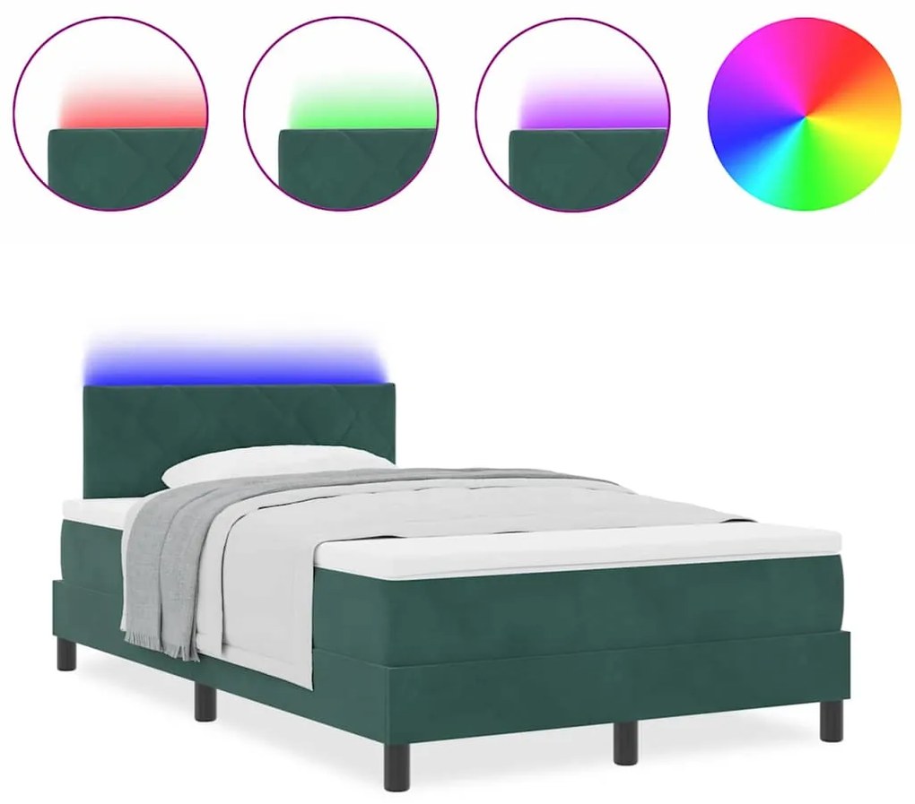 Cama Box Spring com Colchão &amp; LED Verde Escuro 120x190 cm Veludo