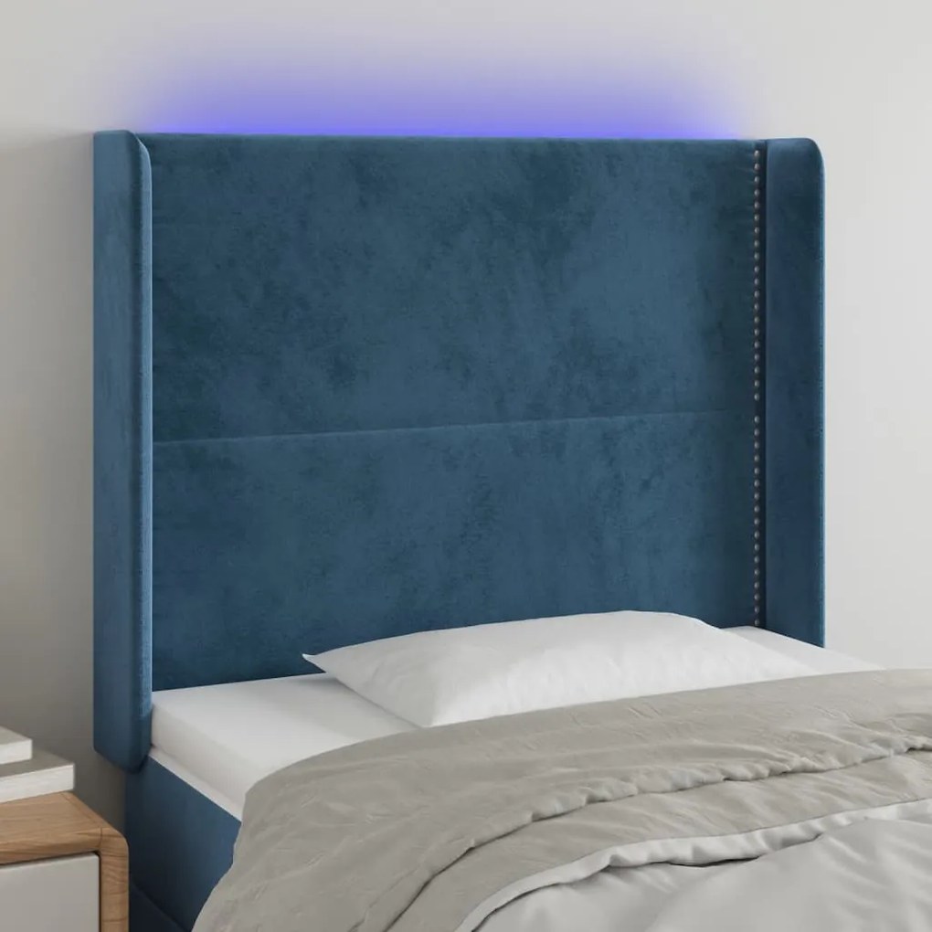 Cabeceira cama c/ luzes LED veludo 103x16x118/128cm azul-escuro