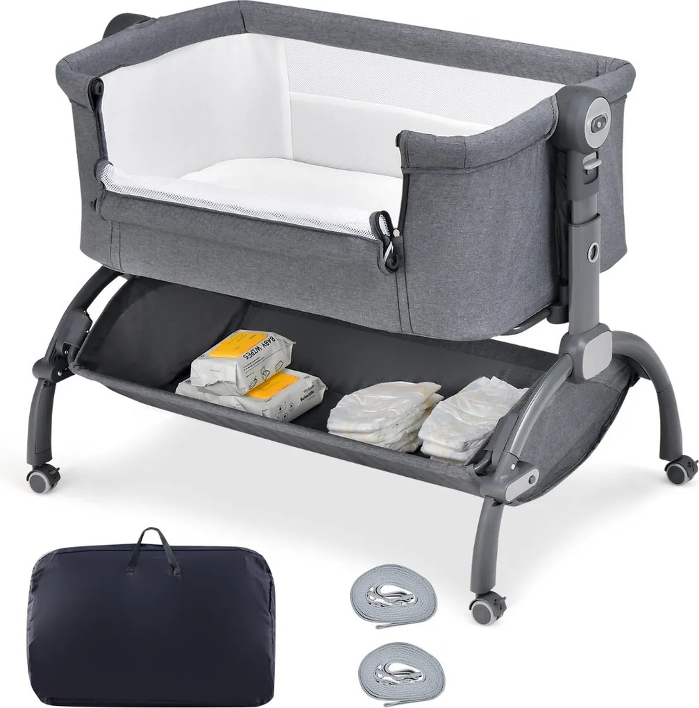 Berço 2 em 1 para bebés com altura ajustável, 4 rodas, rede mosquiteira e cesto de arrumação para bebés dos 0 aos 6 meses, 95 x 65 x 70-82 cm, Cinzent