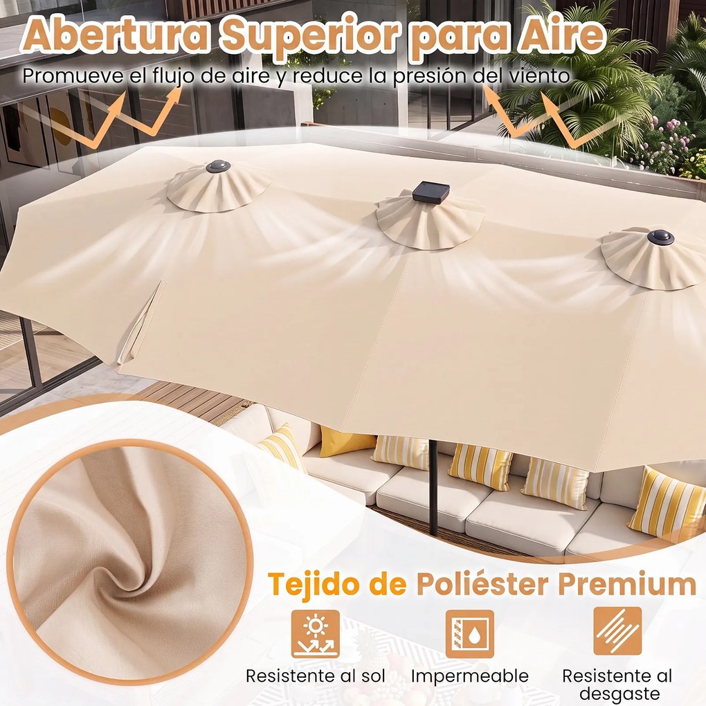 Guarda-sol Duplo Retangular de Exterior com base, 370 x 200 cm, 108 Luzes LED, Bege