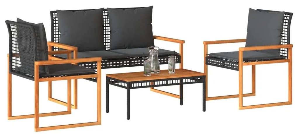 vidaXL 4 pcs conjunto lounge de jardim c/ almofadões vime PE preto