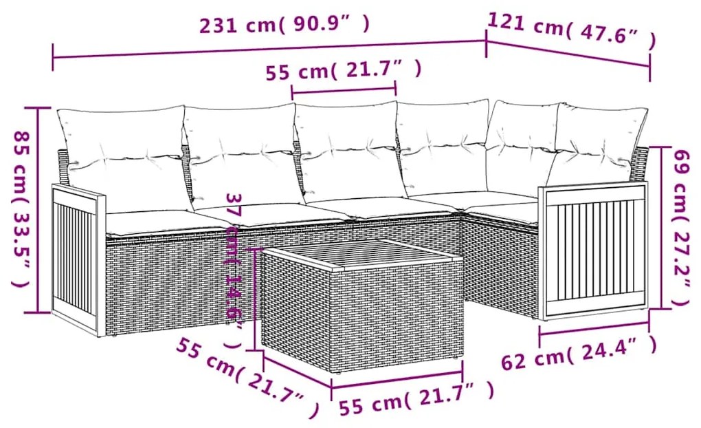 6 pcs conjunto sofás de jardim c/ almofadões vime PE preto