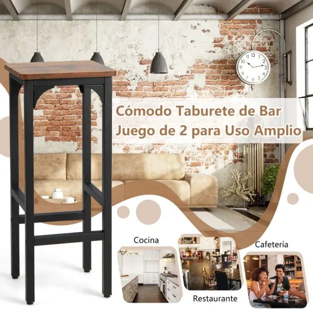 Conjunto de 2 bancos de bar com 71,5 cm de altura e estrutura metálica com apoio para os pés para sala de jantar Cozinha Pub Restaurante Castanho