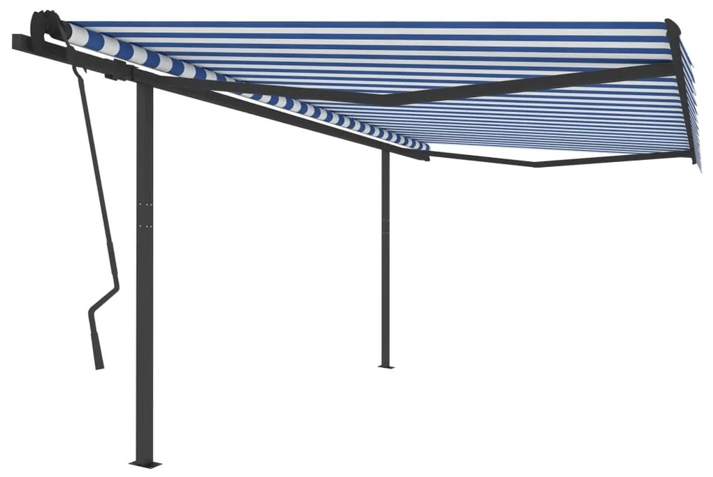 Toldo retrátil manual com postes 4,5x3,5 m azul e branco