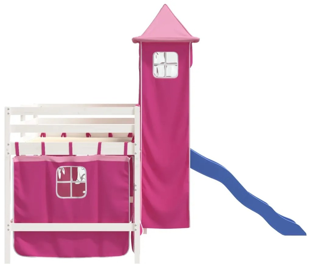 Cama alta para criança com torre 80x200 cm pinho maciço rosa