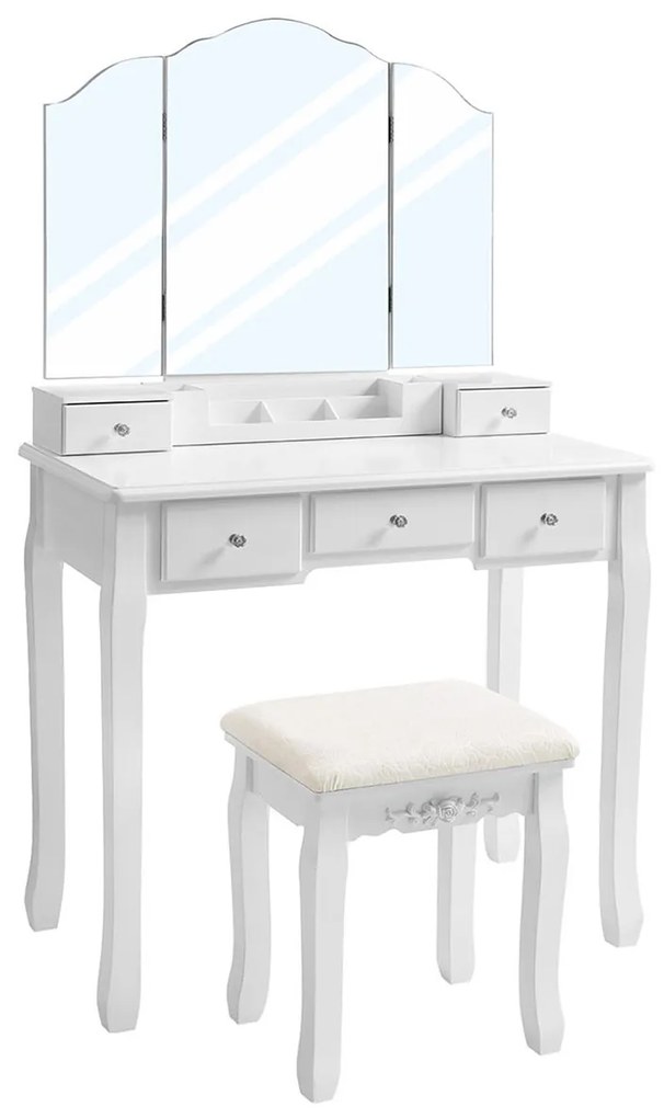 Penteadeira VASAGLE com 5 gavetas, escrivaninha de maquiagem com 1 banqueta, espelho triplo sem moldura, 1 caixa de armazenamento de cosméticos removível, conjunto de penteadeira, fácil de montar, branco RDT28WT