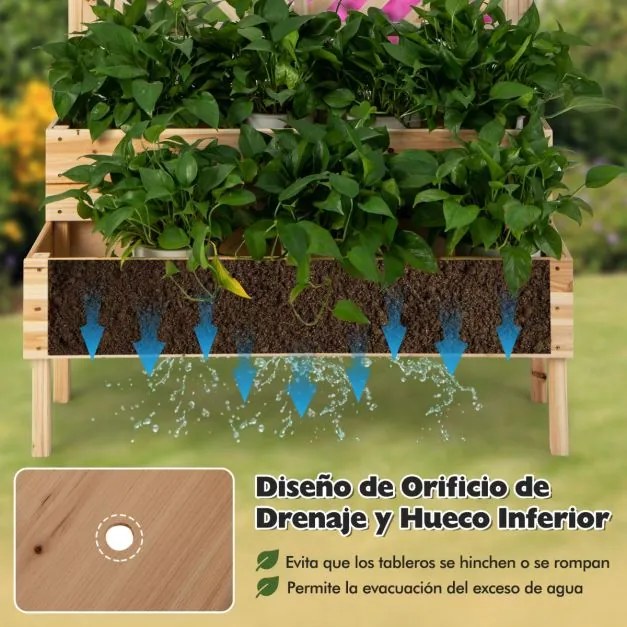 Floreira jardim com treliça de 2 níveis Caixa de cultivo com pernas para jardim 109 x 62 x 135 cm Natural
