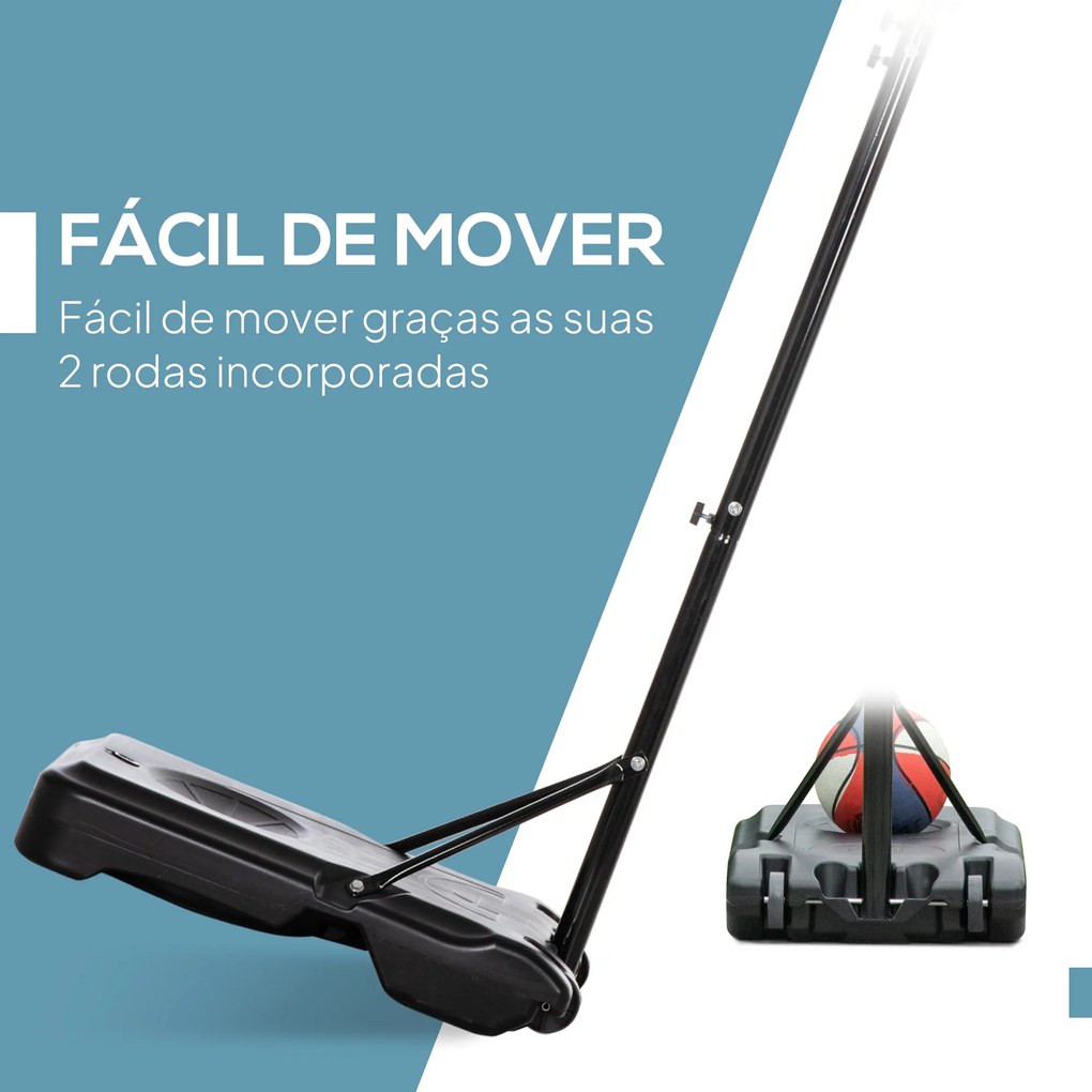 Cesto de Basquetebol para Exterior Altura Ajustável 160-210 cm com Rodas e Base Preenchível 76x48x254 cm Preto