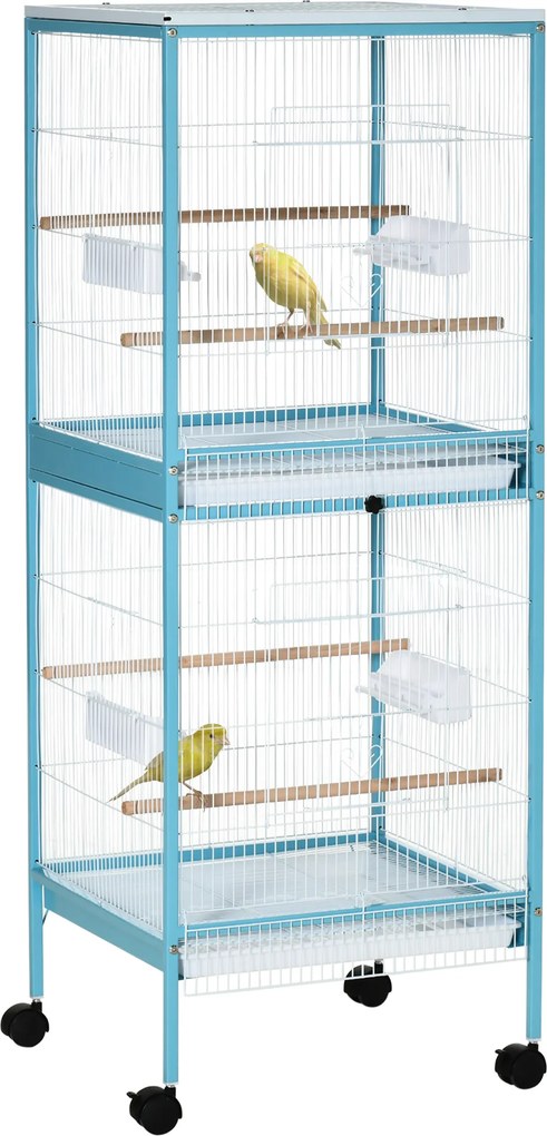 Gaiola para Pássaros com Rodas de 2 Níveis com Bandejas Removíveis Portas Comedouros Poleiros 51,5x50x140 cm Azul