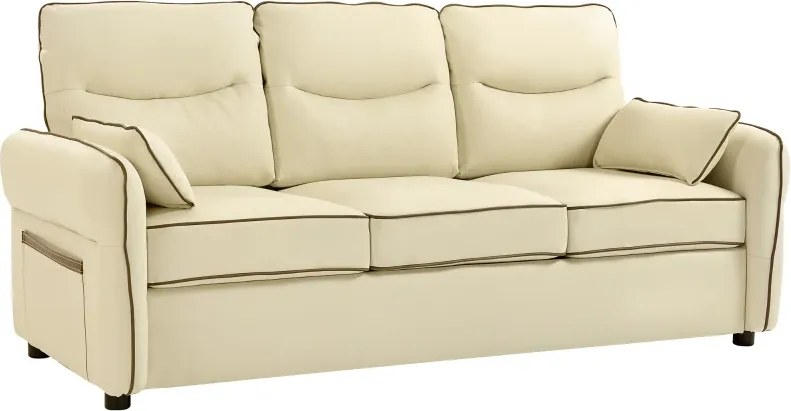 Sofá de 3 Lugares Sofá de Sala Moderno 190x85x80 cm Estofado em Couro Sintético com Bolso Lateral e 2 Almofadas Bege