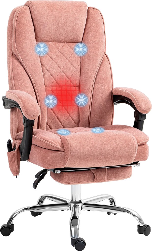 Cadeira de escritório com massagem e aquecimento, altura ajustável, encosto reclinável, comando à distância e apoio para os pés retrátil, cor rosa