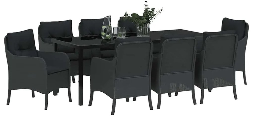 Conjunto de Jantar de Jardim com Almofadas Preto Rattan Poliéster