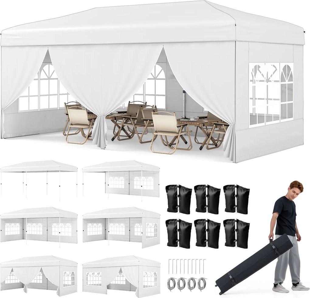 Tenda dobrável com 6 painéis laterais 300 x 600 x 250-270 cm, 6 x Sacos de areia, estrutura metálica, altura ajustável, 10 estacas, 6 cordas, saco com