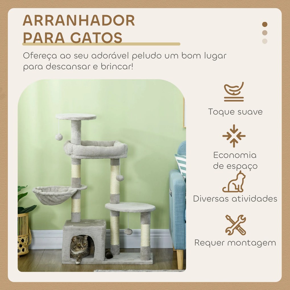 Arranhador para Gatos com Postes Arranhadores de Sisal Cova Plataformas e Bolas Suspensas 65x30x104 cm Cinzento Claro