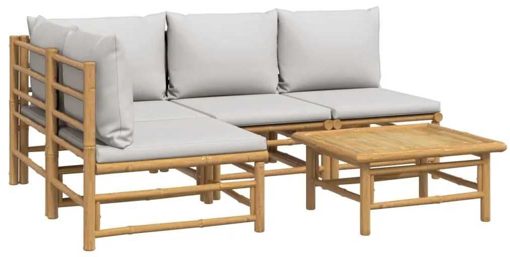5 pcs conj. lounge de jardim bambu c/ almofadões cinzento-claro