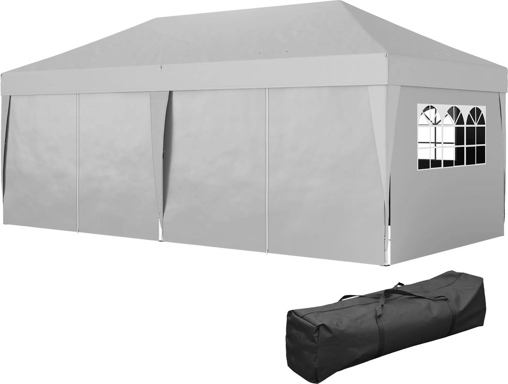 Tenda de jardim para exterior de 3 x 6 m, tenda dobrável com 6 paredes laterais, saco de transporte incluído, cinzento