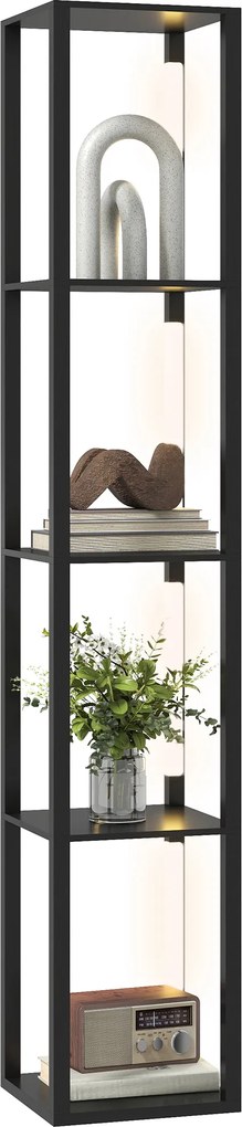 Candeeiro de pé com prateleiras de 4 níveis, LED regulável 29 x 29 x 163 cm,  interruptor de pé para sala, quarto ou escritório, preto