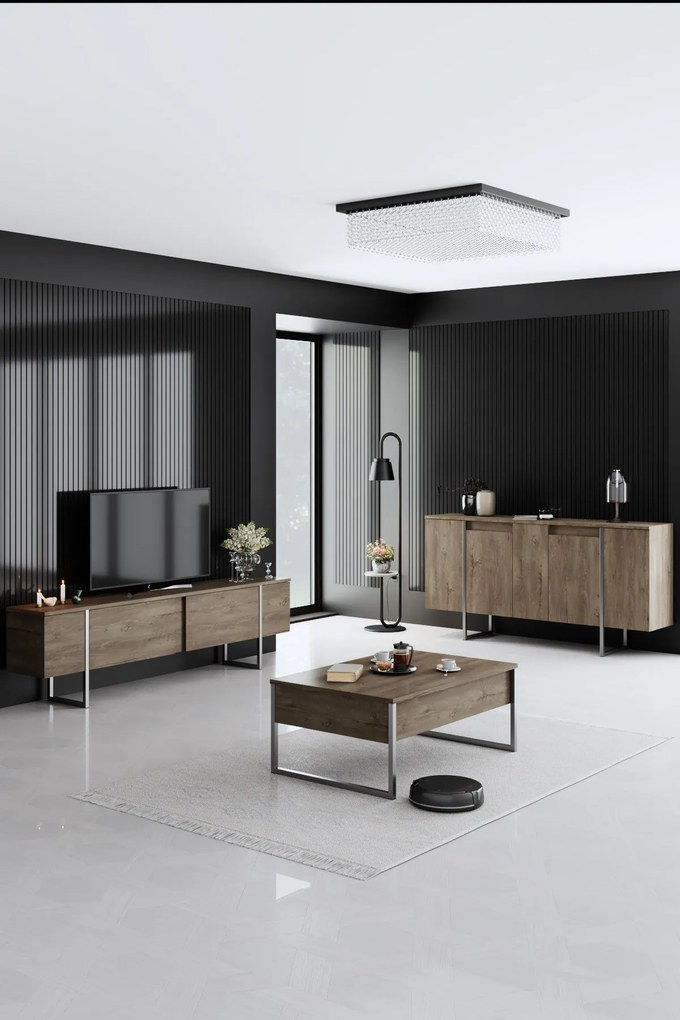 Conjunto de Mobiliário de Sala de Estar Luxe – Nogueira e Prateado – M
