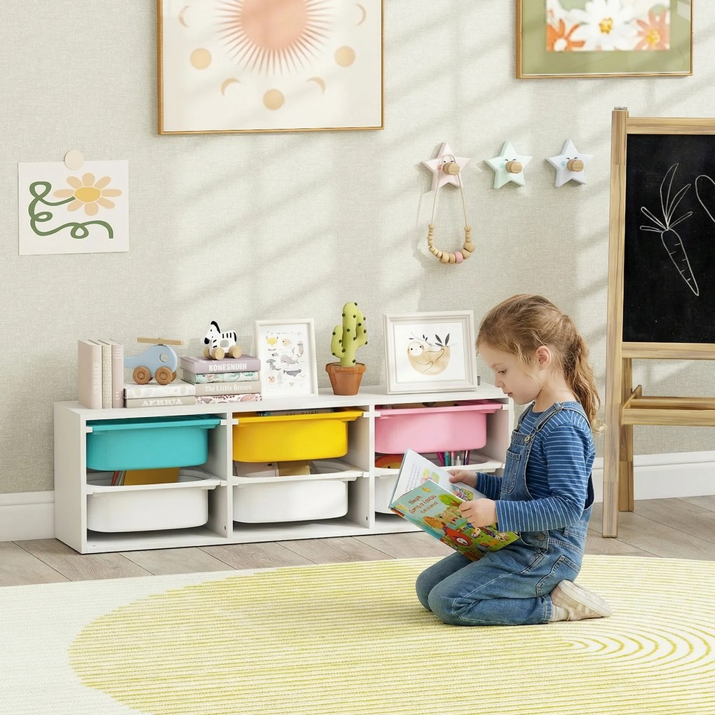 Móvel de Arrumação Infantil, 97 x 21 x 29 cm, 2 Níveis com 6 Caixas Amovíveis, Branco