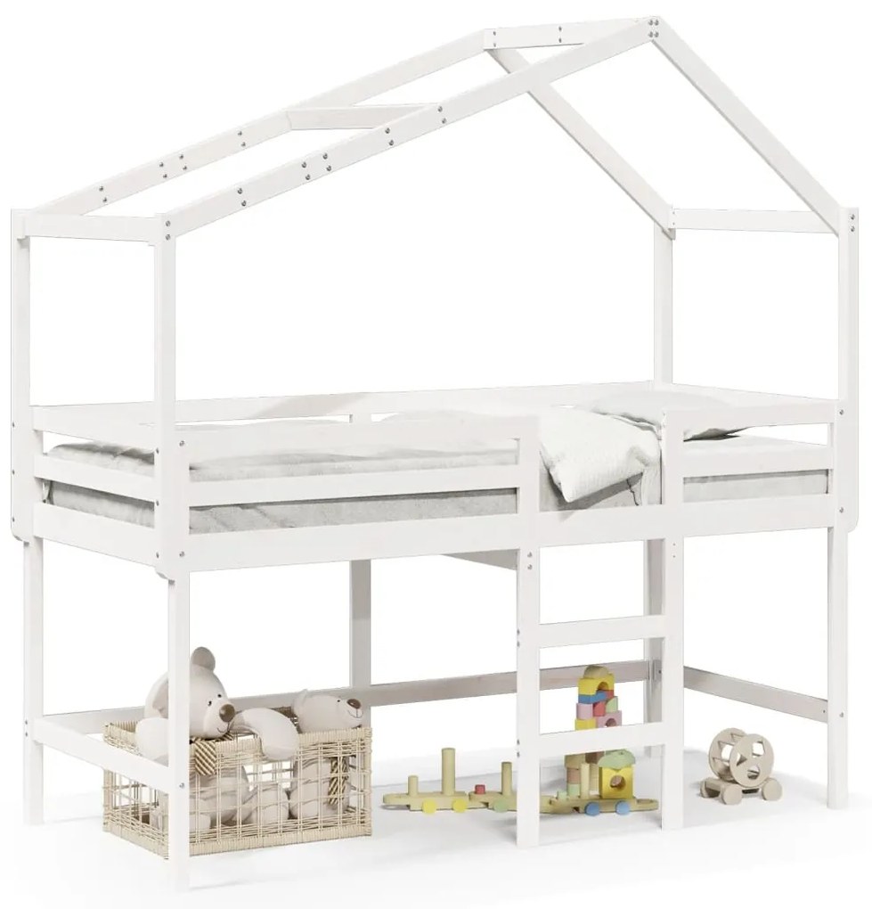 Cama alta c/ escada e telhado 90x190 cm pinho maciço branco