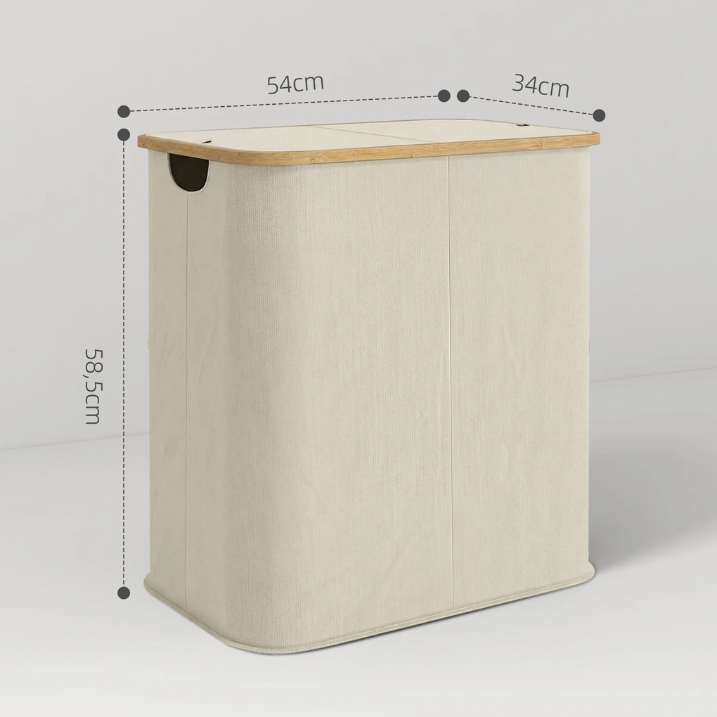 Cesto de roupa suja dobrável de dupla camada, 80 L, 54 x 34 x 58,5 cm com tampa e pegas ranhuradas, bege