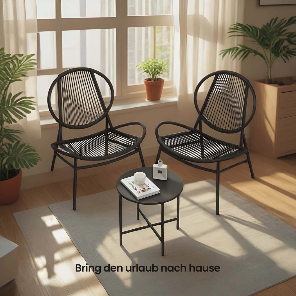 Conjunto de 3 móveis de varanda, conjunto de móveis de jardim com mesa e 2 cadeiras, Polyrattan PE Preto