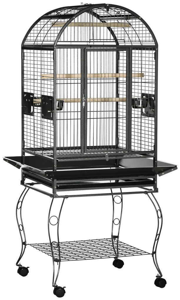 PawHut Gaiola para Pássaros Gaiola de Metal para Aves com 2 Portas Poleiros Bandeja Amovível e 4 Rodas 80x76,5x168 cm Cinza Escuro