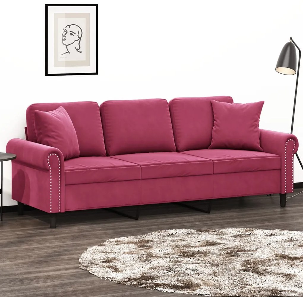 Sofá 3 lug. + almofadas decorativas 180cm veludo vermelho tinto