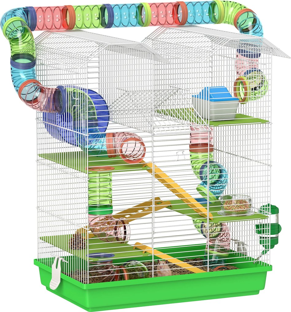 Gaiola para hamsters, ratos e pequenos roedores com túnel, comedouro, roda e brinquedo – 47 x 30 x 59 cm – verde