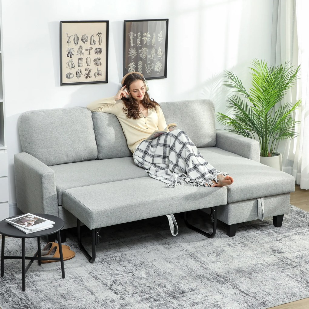 Sofá-Cama Chaise Longue de 3 Lugares Chaise Longue Reversível Ambos Lados com Armazenamento com Capas Removíveis 197x129x85 cm Cinza