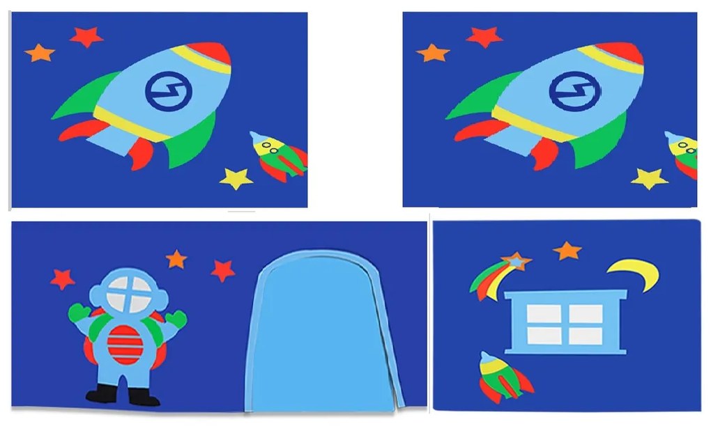 Conjunto Cama alta de Criança PINO 90 x 200 cm + estrado + escada + escorrega + tunel + cortina + bolsas de arrumação Astronauta Cinzenta