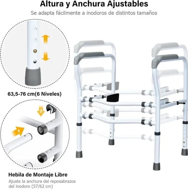Suporte para sanita para idosos com suporte de elevação Estrutura de segurança ajustável com braçadeira giratória 360° e apoio para braços antiderrapa