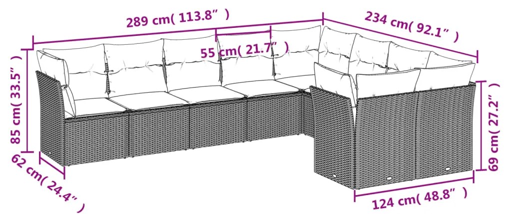 9 pcs conjunto sofás p/ jardim c/ almofadões vime PE castanho