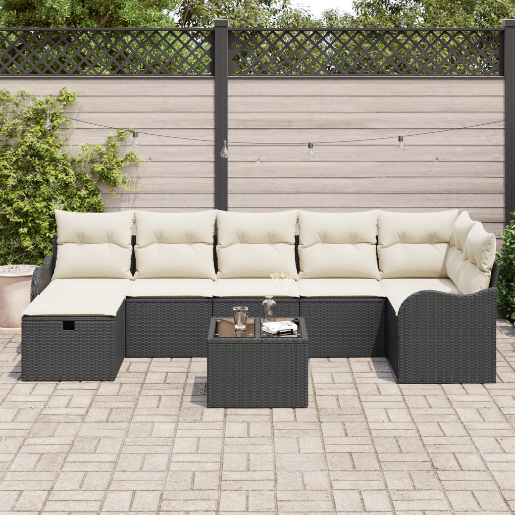 Conjunto de Sofá de Jardim de 8 Peças com Almofadas Preto Rattan Poli