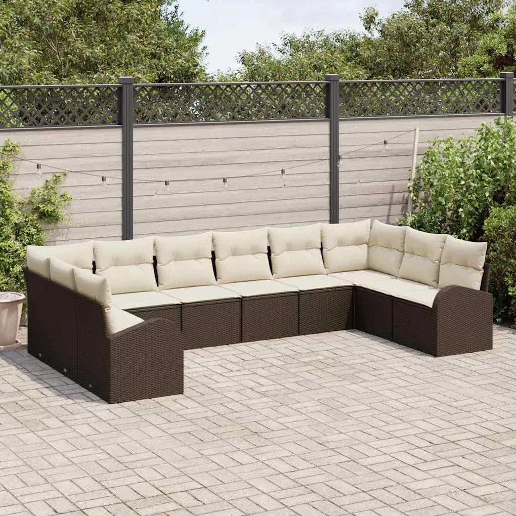 Conjunto de Sofá de Jardim de 10 Peças com Almofadas em Castanho