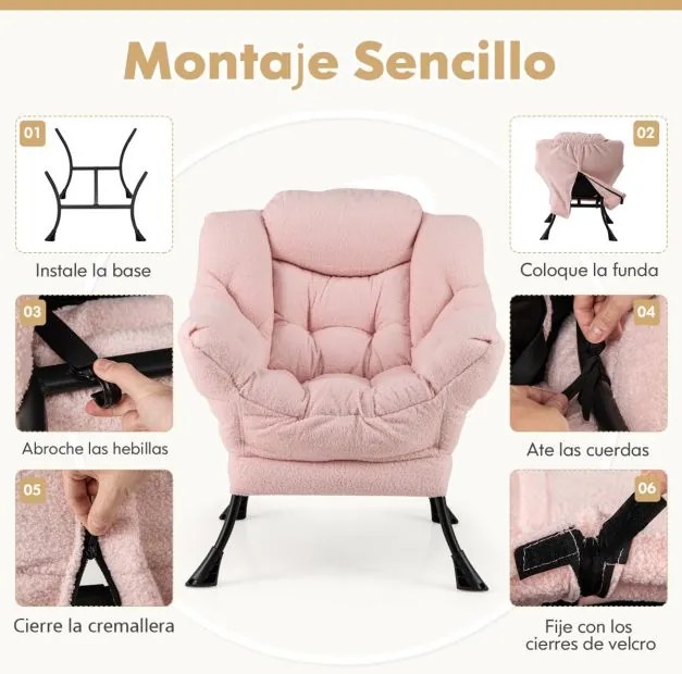 Poltrona grande estofada com almofada de cabeça acolchoada Apoios de braços e bolsa Poltrona Sofá para sala de estar Quarto Rosa